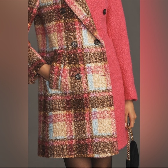 NVLT Boucle Anthropologie Pink Colorblock Teddy Longline Plaid Coat Large - Picture 4 of 14